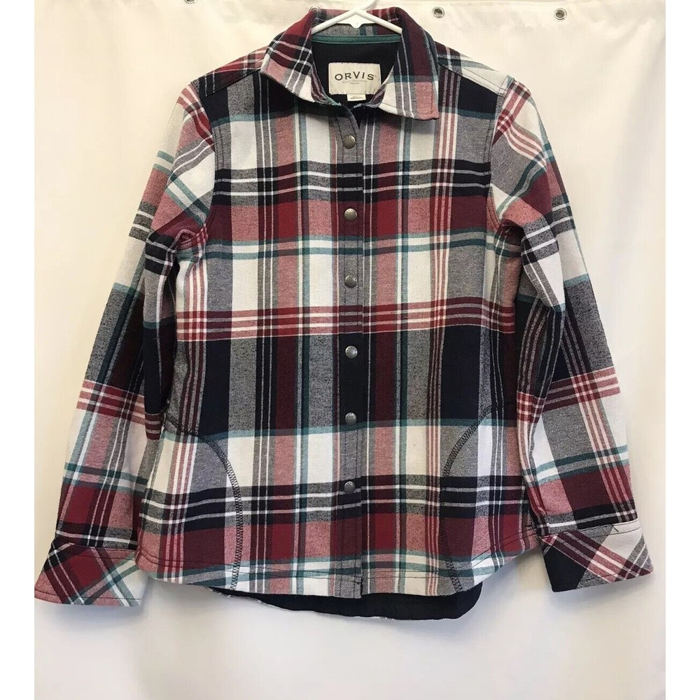 Orvis Small Womens Red Navy White Plaid Flannel Snap Button Shirt Jacket Shacket